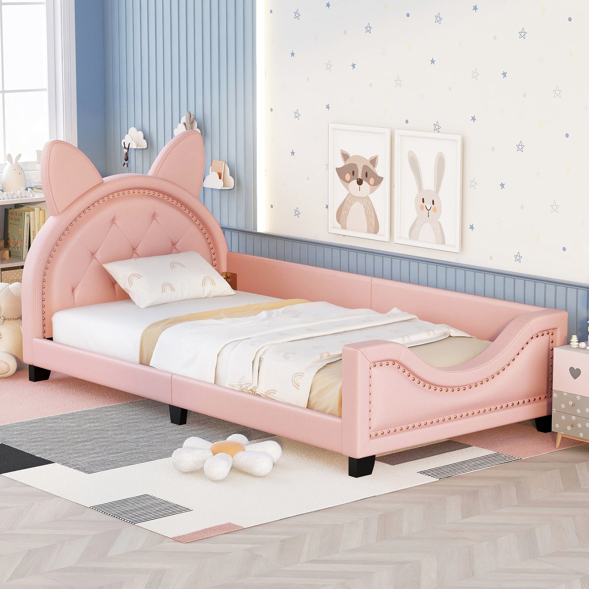 Twin Size Upholstered Daybed with Carton Ears Shaped Headboard  Pink - Korvel