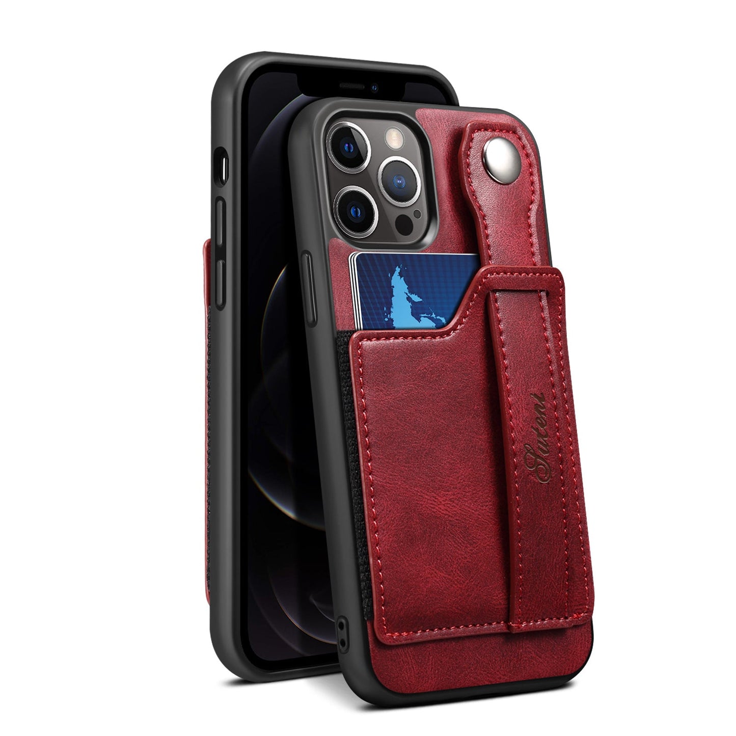 For iPhone 14ProMax Mobile Phone Case Apple iPhone 14Pro Plug-In Card Leather Case Wrist With Back Cover Type Protective Case - Korvel