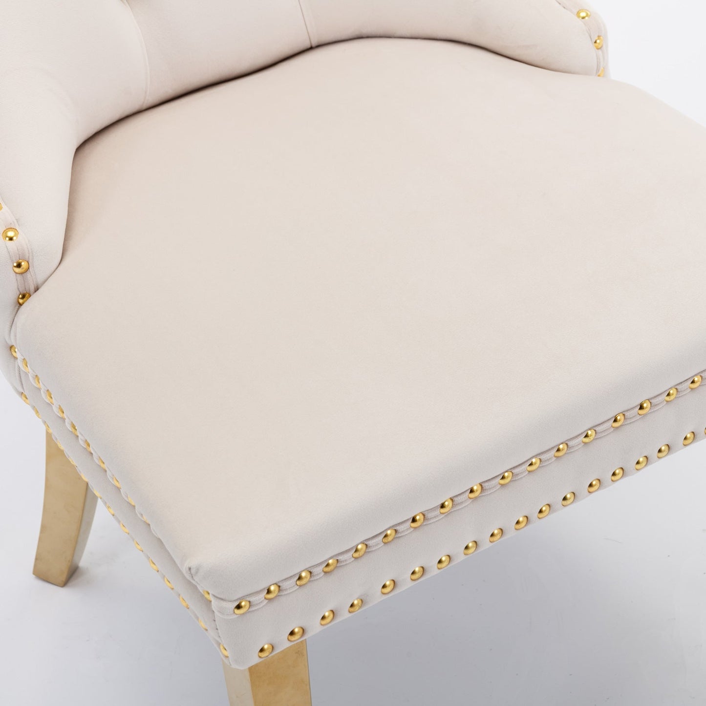 Tufted solid wood velvet soft cushion dining chair gold stainless steel plated leg nail head set of 2 pieces beige and gold - Korvel