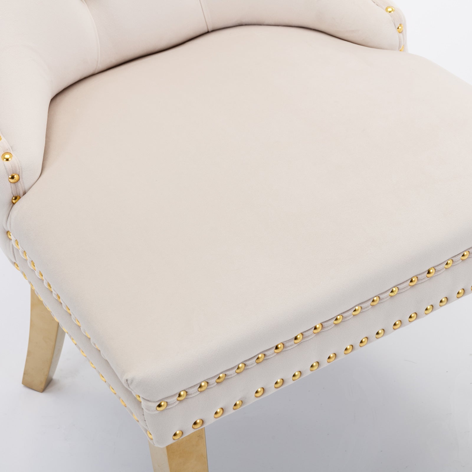 Tufted solid wood velvet soft cushion dining chair gold stainless steel plated leg nail head set of 2 pieces beige and gold - Korvel