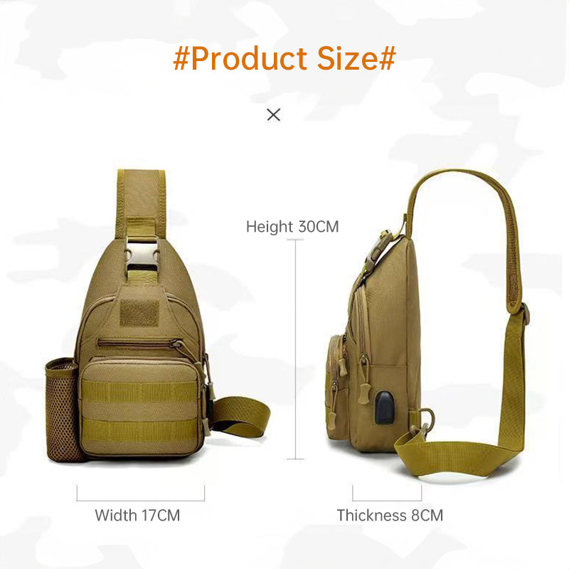 Tactical crossbody sling backpack. Has water bottle holder, MOLLE system, USB charging port. Ideal for travel and walks. Cp Camo - Korvel