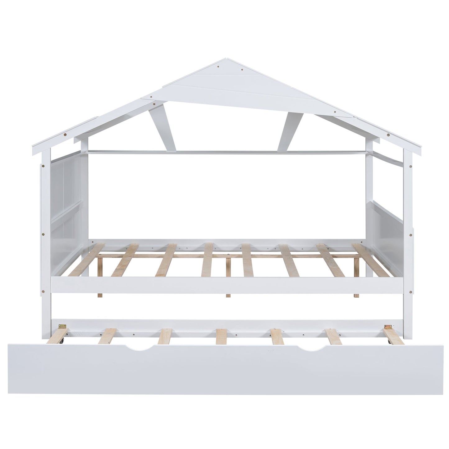 Wood Full Size House Bed with Twin Size Trundle and Storage  White - Korvel