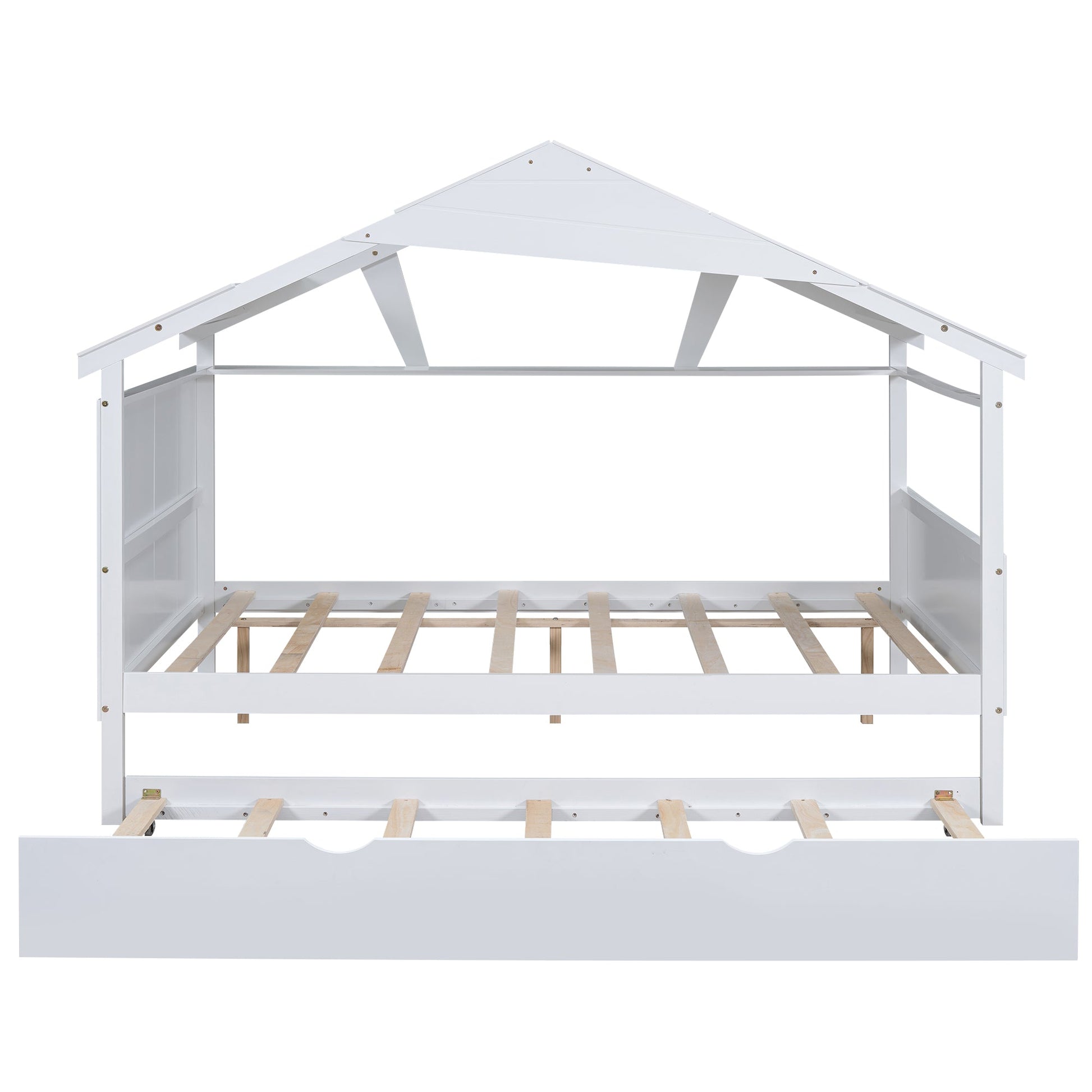 Wood Full Size House Bed with Twin Size Trundle and Storage  White - Korvel