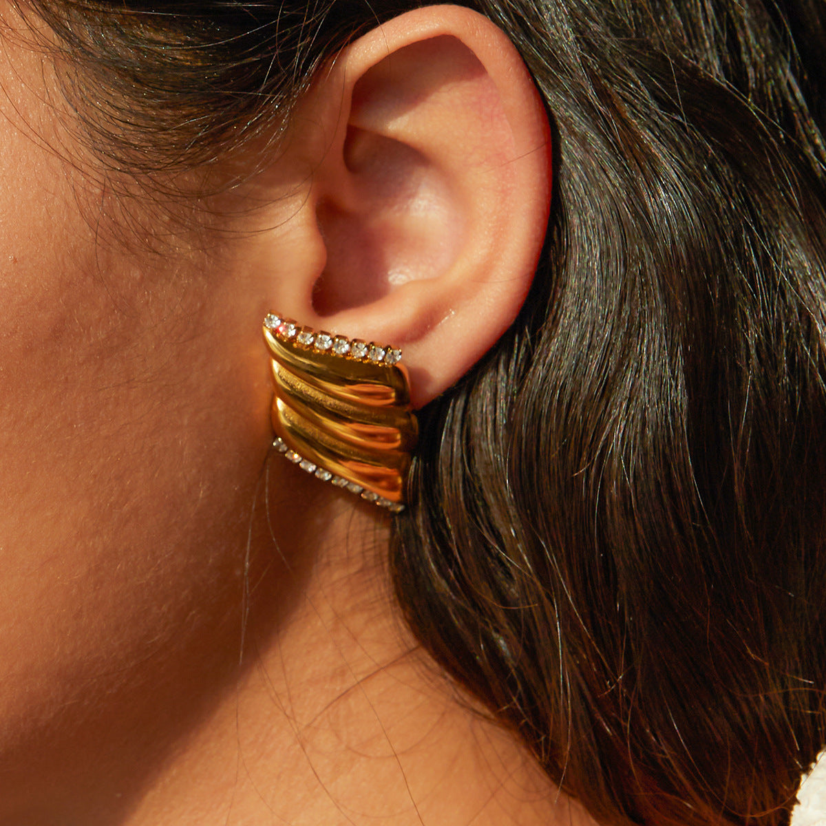 Inlaid Zircon Stainless Steel Geometric Stud Earrings - Korvel