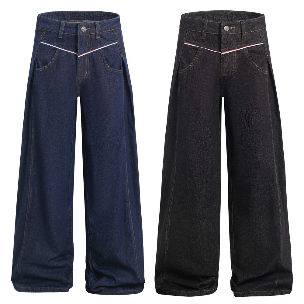 American High Street Design Denim Wide Leg Long Pants Men's Vibe Trendy Side Pleated Loose Casual Trousers - Korvel
