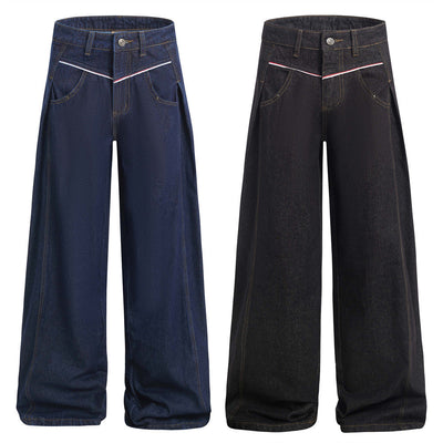 American High Street Design Denim Wide Leg Long Pants Men's Vibe Trendy Side Pleated Loose Casual Trousers - Korvel