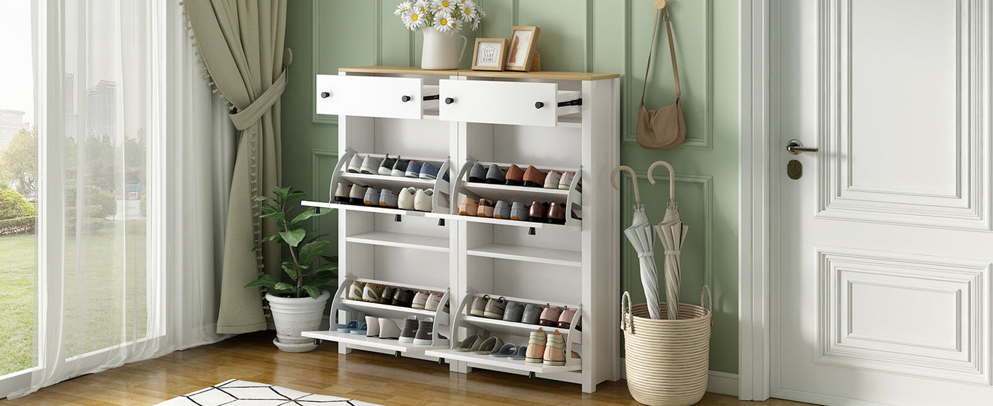 ONTREND ultra-thin shoe cabinet set with 4 flip drawers and adjustable panel top shoe rack, white - Korvel