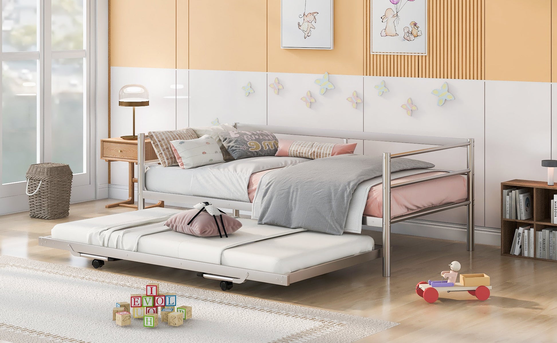Twin Size Metal Daybed with Adjustable Trundle  Pop Up Trundle  Silver - Korvel