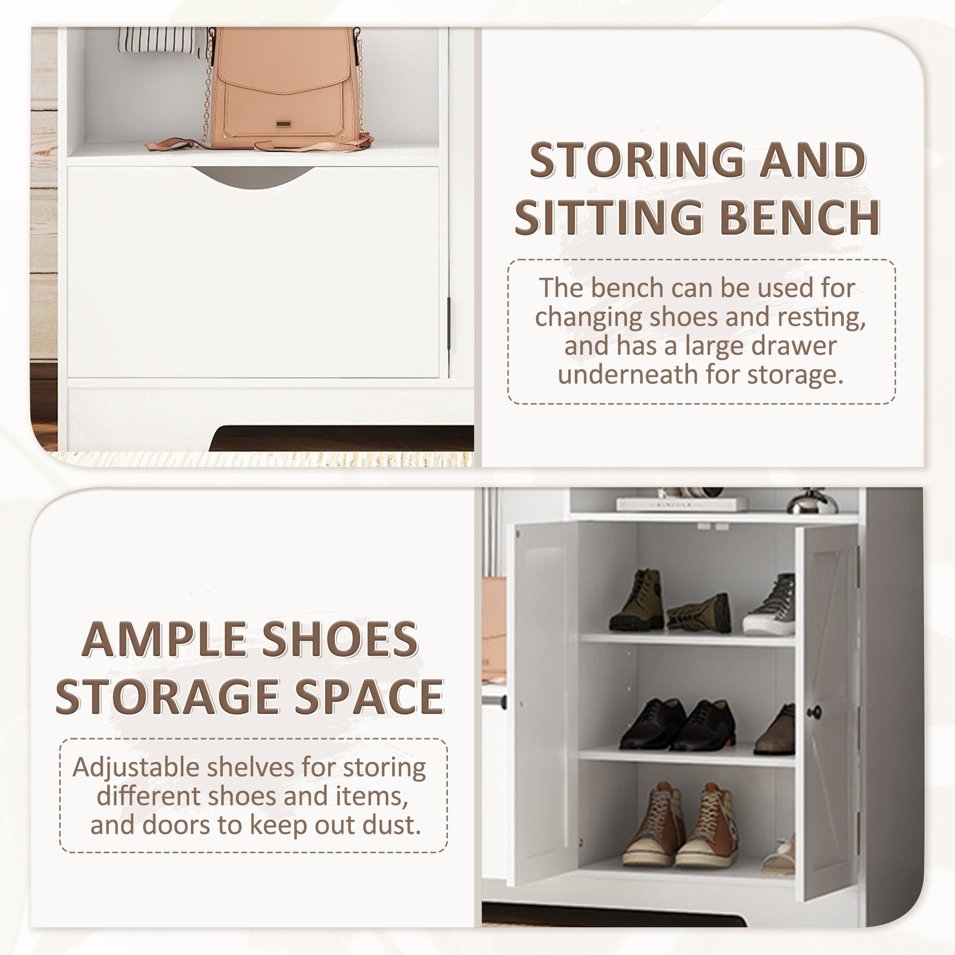 Multi-functional Hall Tree with Storage Shelves Drawers Cabinet Elegant Hallway Shoe Cabinet with Bench Modern Coat Rack White - Korvel