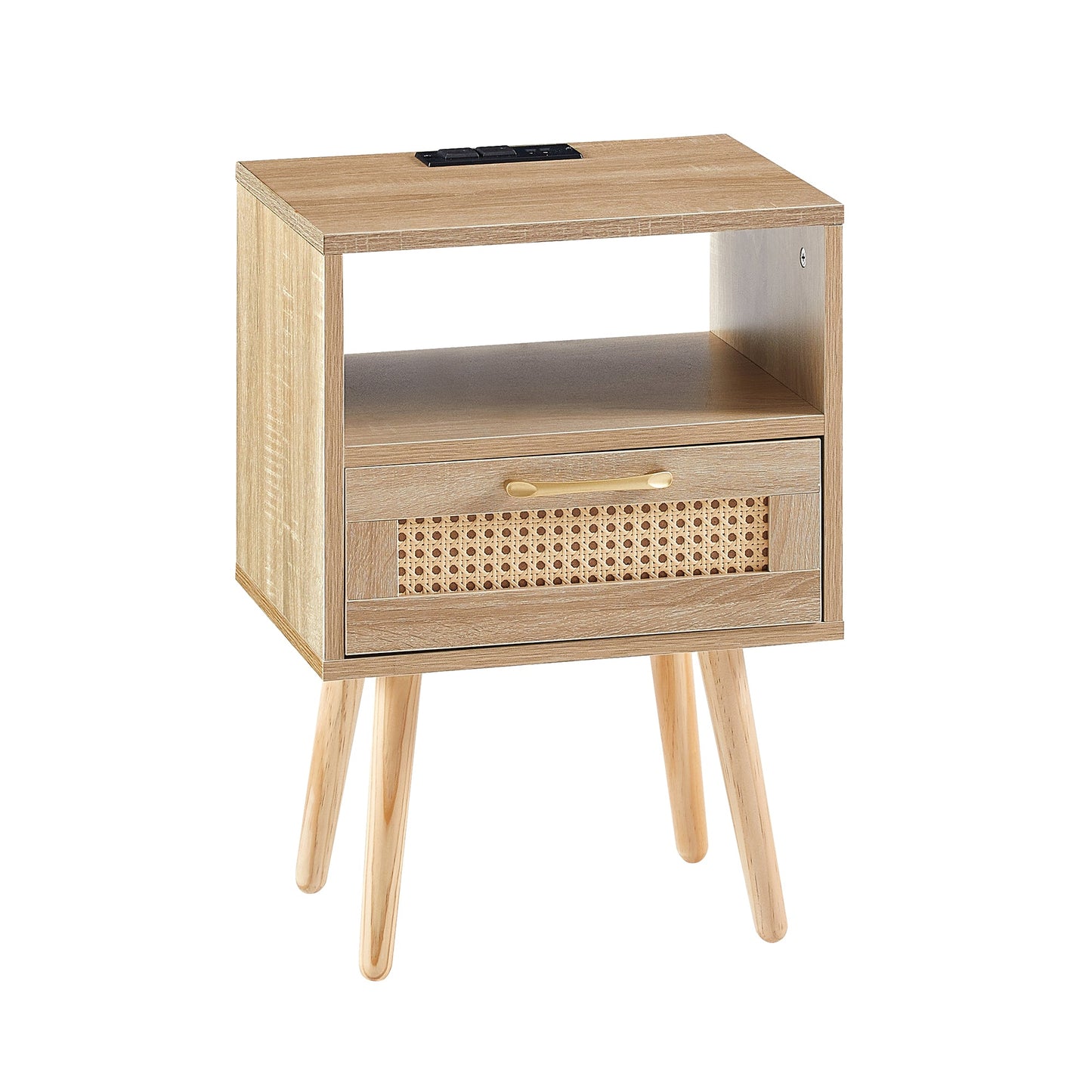 15.75" Rattan End table with Power Outlet & USB Ports  Modern nightstand with drawer and solid wood legs - Korvel