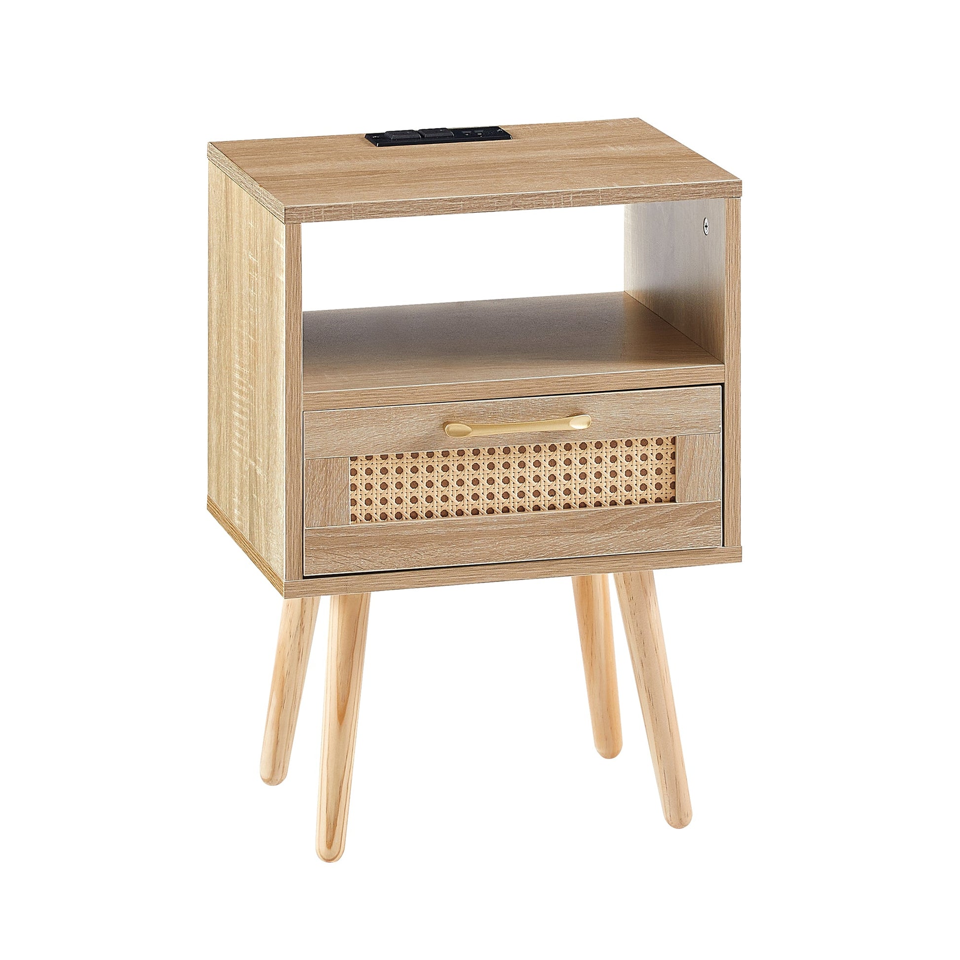 15.75" Rattan End table with Power Outlet & USB Ports  Modern nightstand with drawer and solid wood legs - Korvel