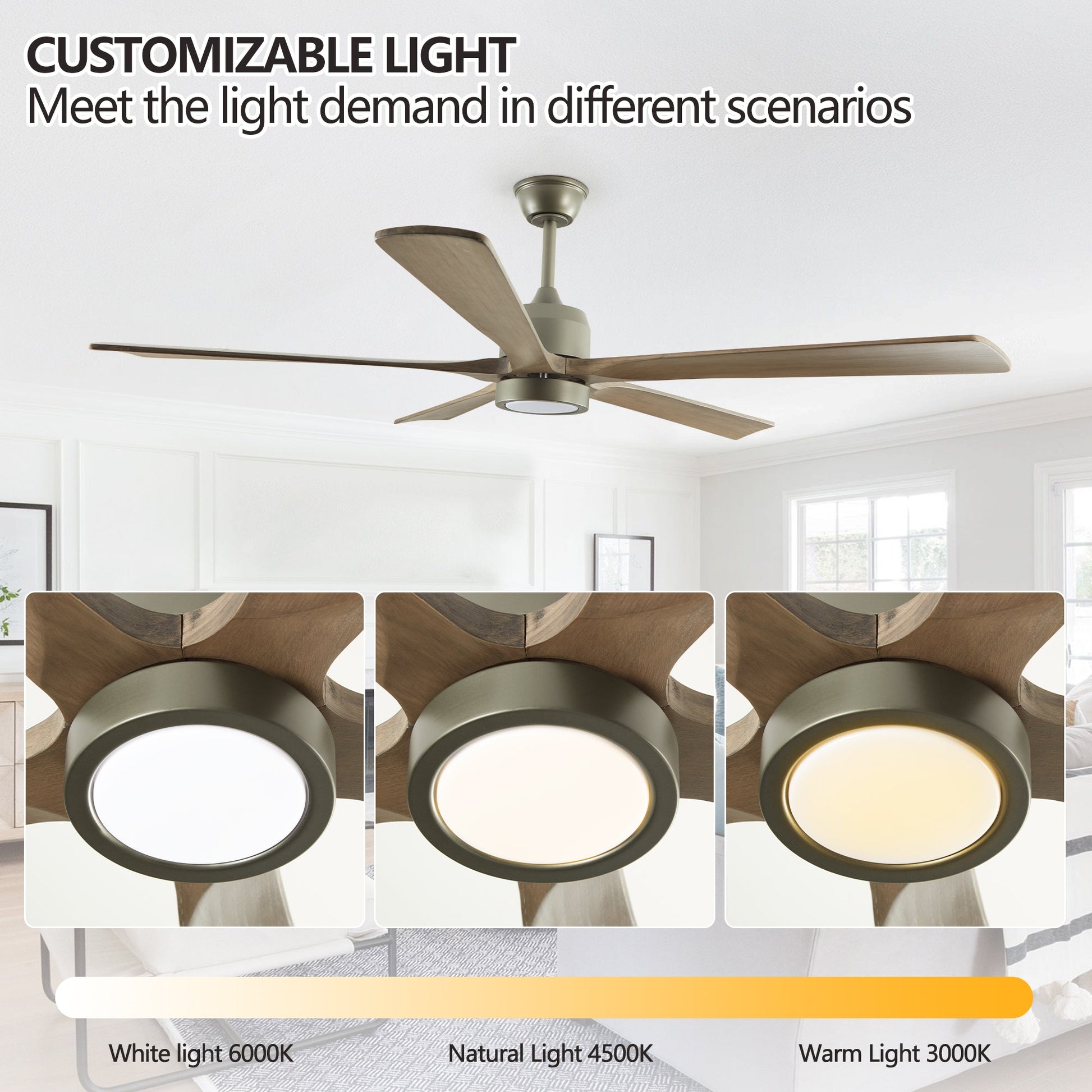 60 "modern wooden ceiling fan with lighting and remote control, 6-speed noiseless reversible DC motor ceiling fan - Korvel