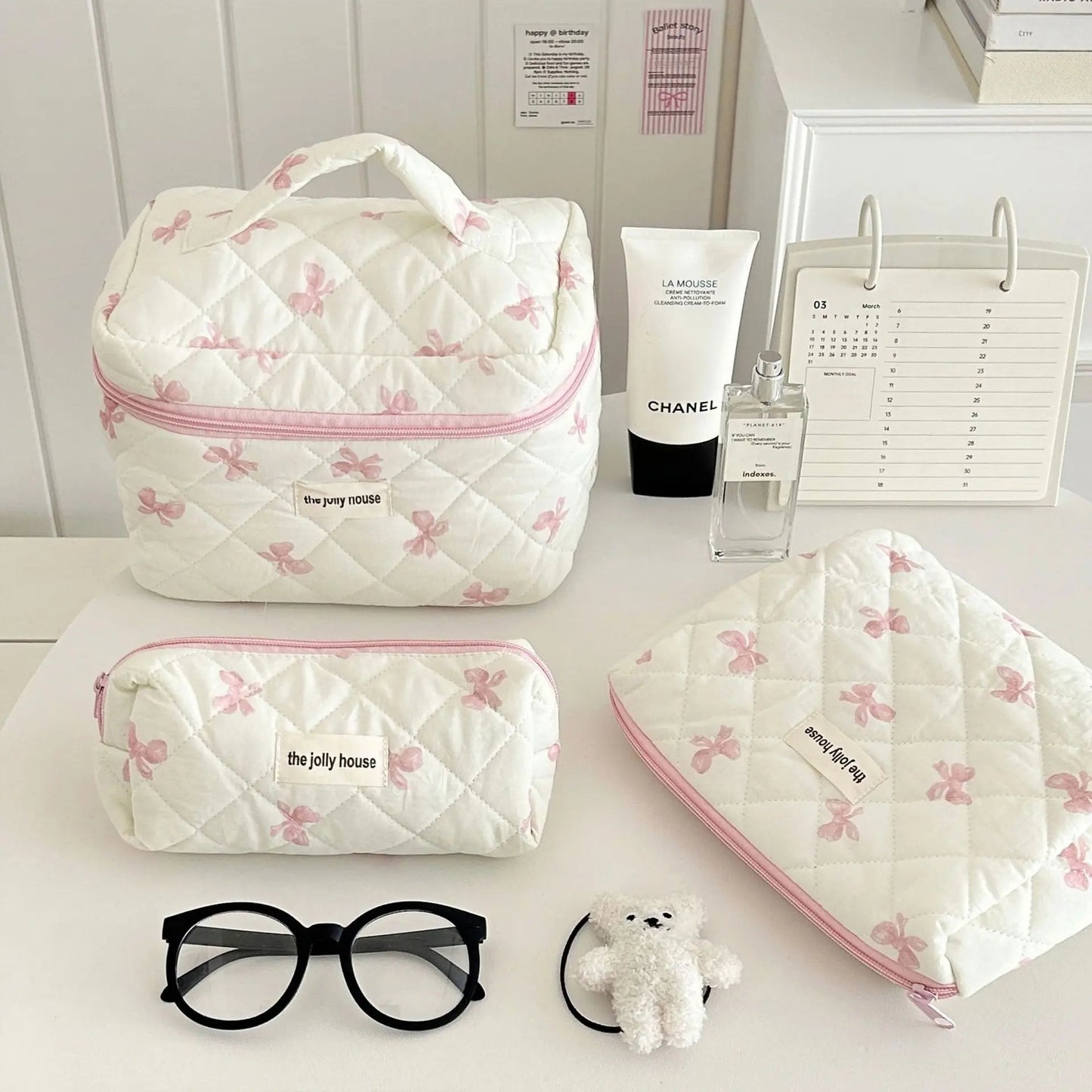 Cute Bow Flower Quilting Cotton Makeup Bag Women Zipper Cosmetic Organizer Female Cloth Handbag Portable Toiletry Case for Girls - Korvel
