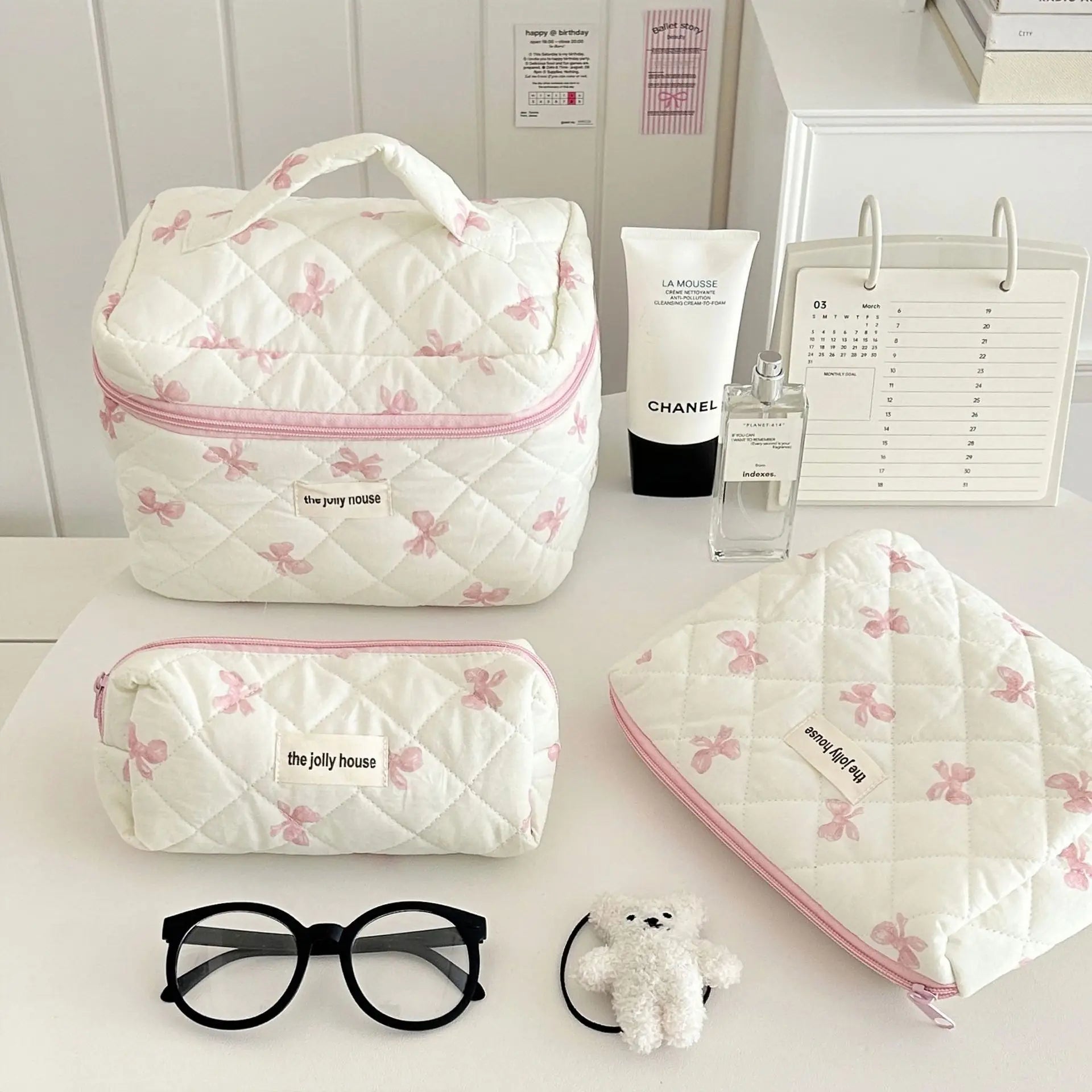 Cute Bow Flower Quilting Cotton Makeup Bag Women Zipper Cosmetic Organizer Female Cloth Handbag Portable Toiletry Case for Girls - Korvel