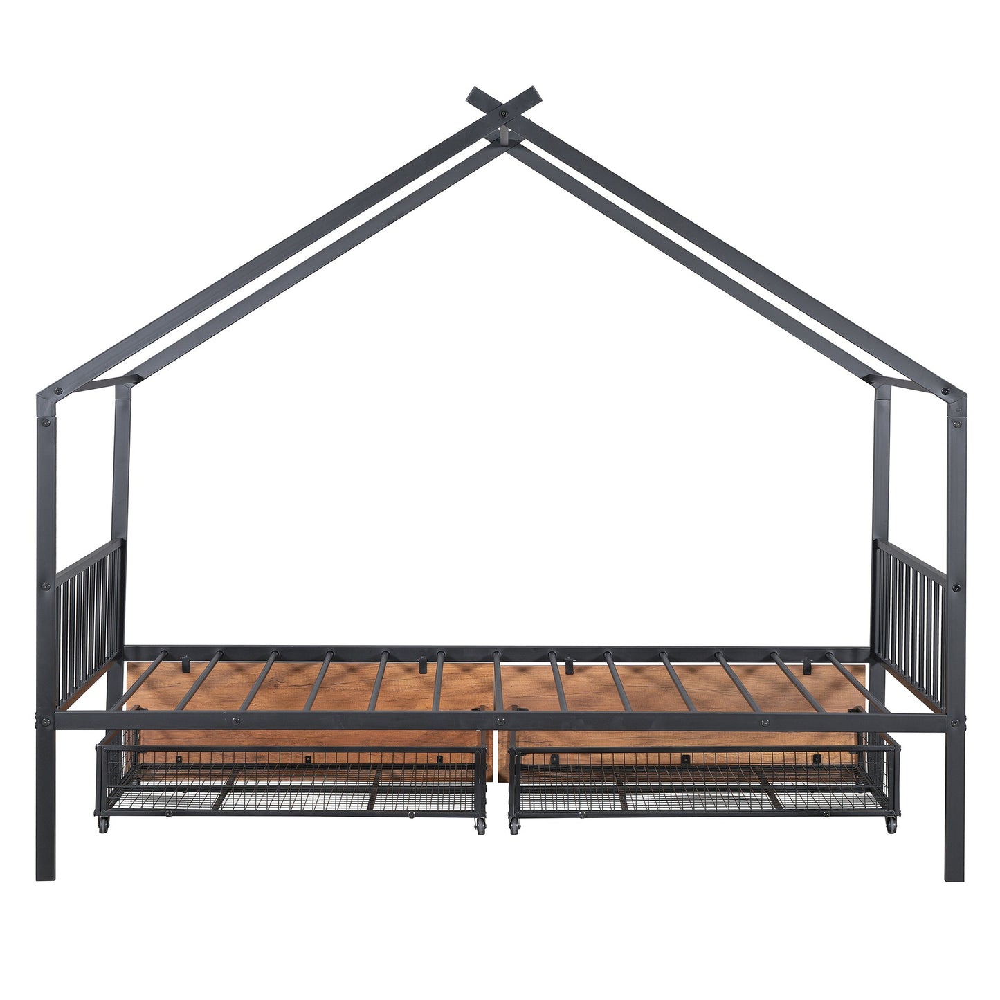 Twin Size Metal House Bed with Two Drawers - Black