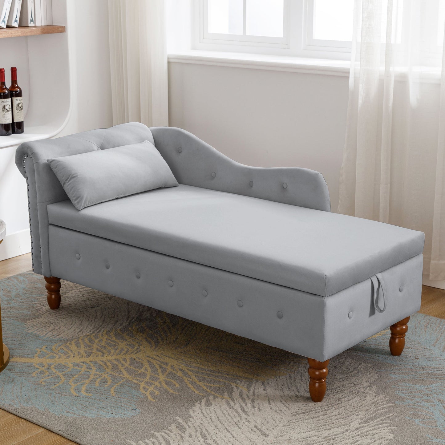 Chaise longue en velours gris avec rangement et coussin