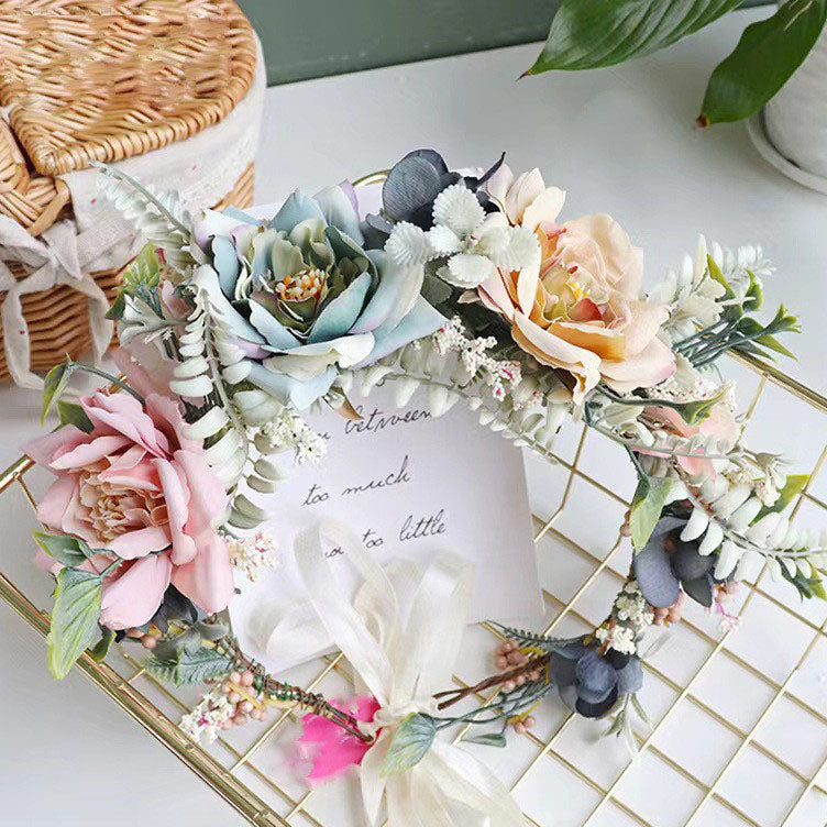Korean garland headdress fresh big Peony corolla walk show dance headdress holiday pastoral props hair band - Korvel