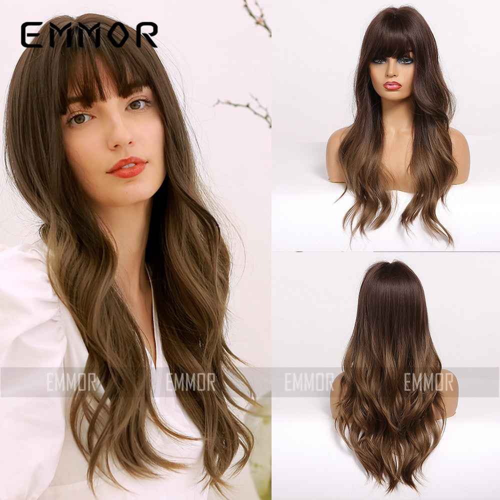 Natural Long Curly Hair Wig with Bangs - Black Brown