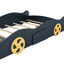Full Size Race Car-Shaped Platform Bed with Wheels and Storage, Dark Blue+Yellow - Korvel