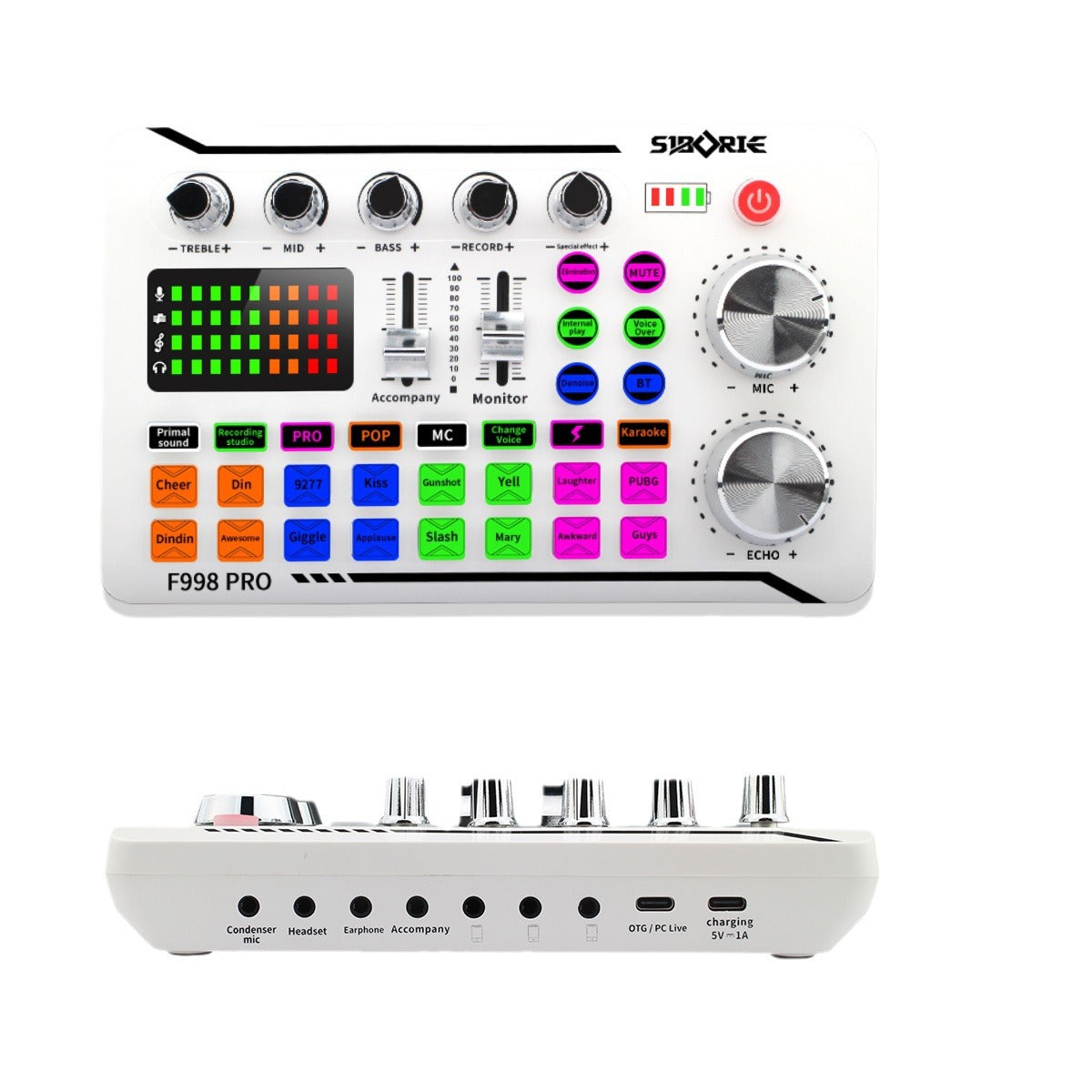 F998Pro live singing sound card white English version intelligent noise reduction integrated microphone - Korvel