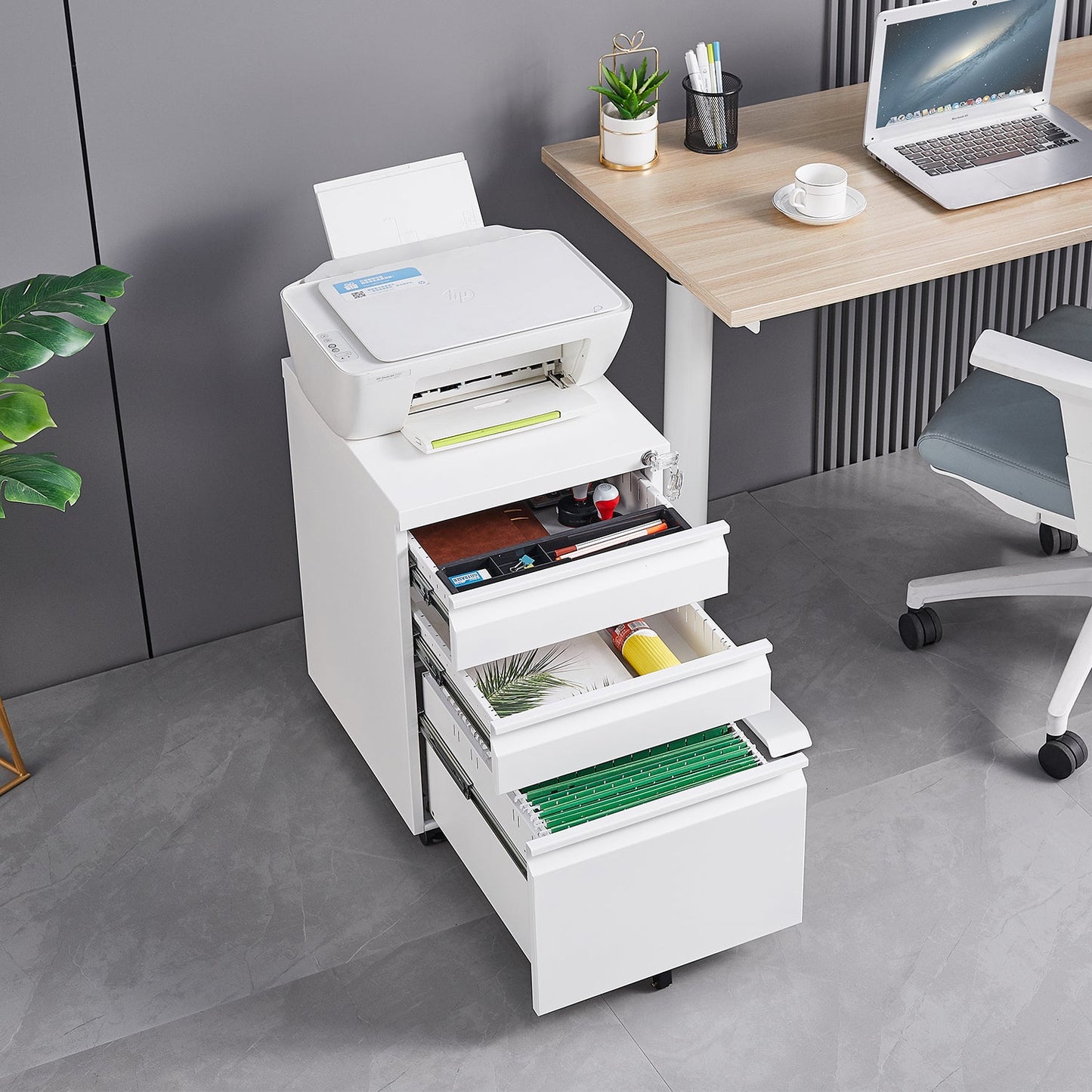 Premium Mobile Metal Filing Cabinet with Lock - 3 Drawers