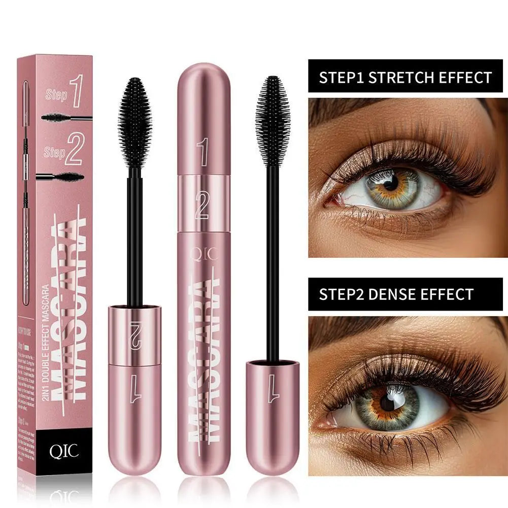 Double Head Black Mascara Waterproof Lengthens Extension Eyelashes Non-smudge Lengthening Volume 5D Silk Fiber Mascara Cosmetics - Korvel