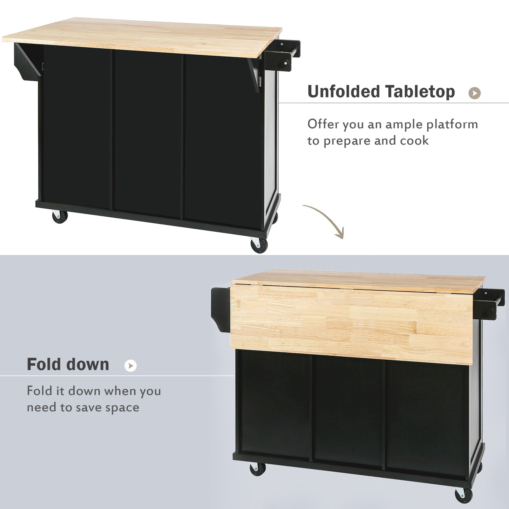 Kitchen trolley with rubber wood leaf countertop, 5-wheel kitchen island, storage cabinet and 3 dining drawers, black - Korvel