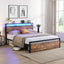 Full size bedstead with storage headboard and 2 drawers, LED light bed with charging station, metal Flat noodles support - Korvel