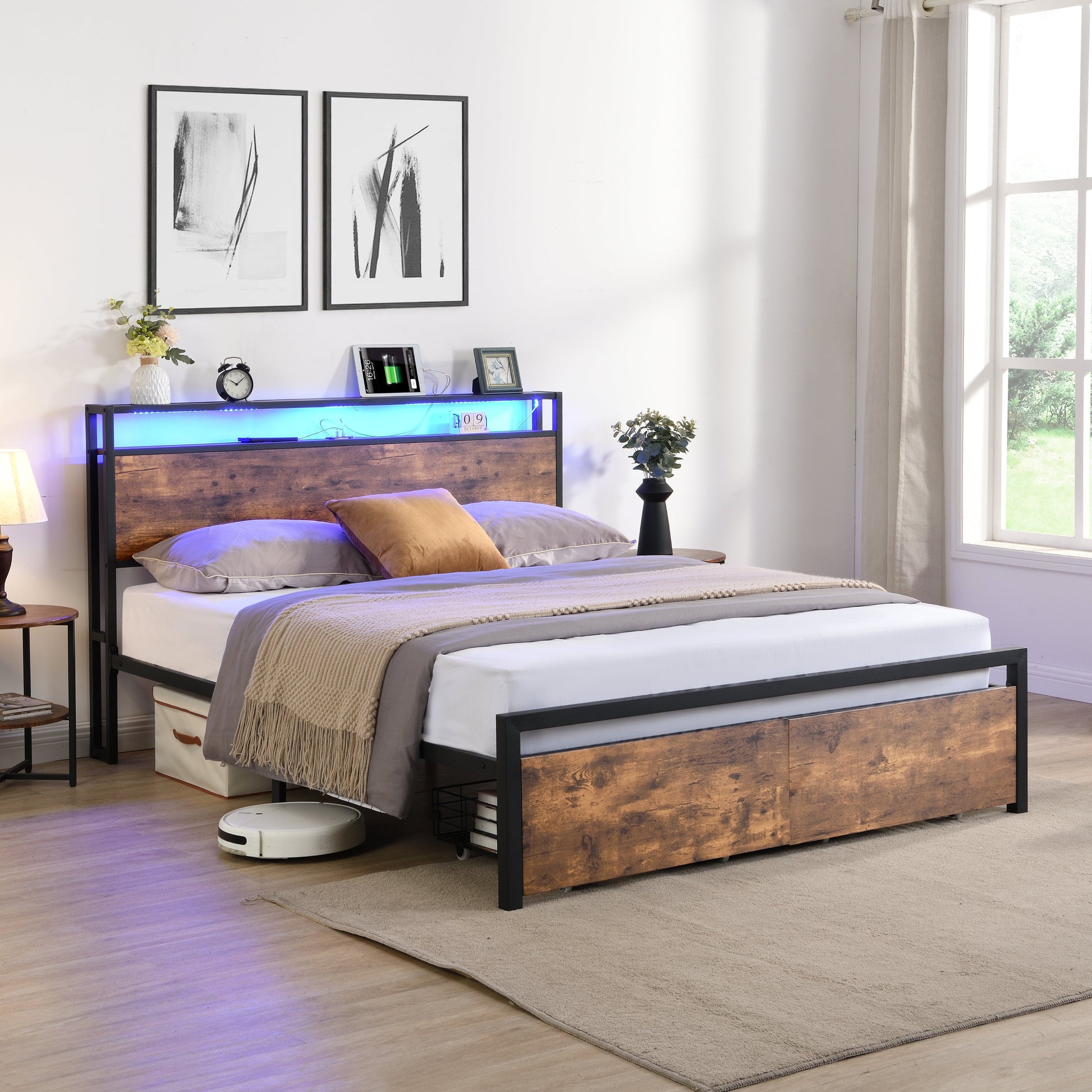 Full size bedstead with storage headboard and 2 drawers, LED light bed with charging station, metal Flat noodles support - Korvel