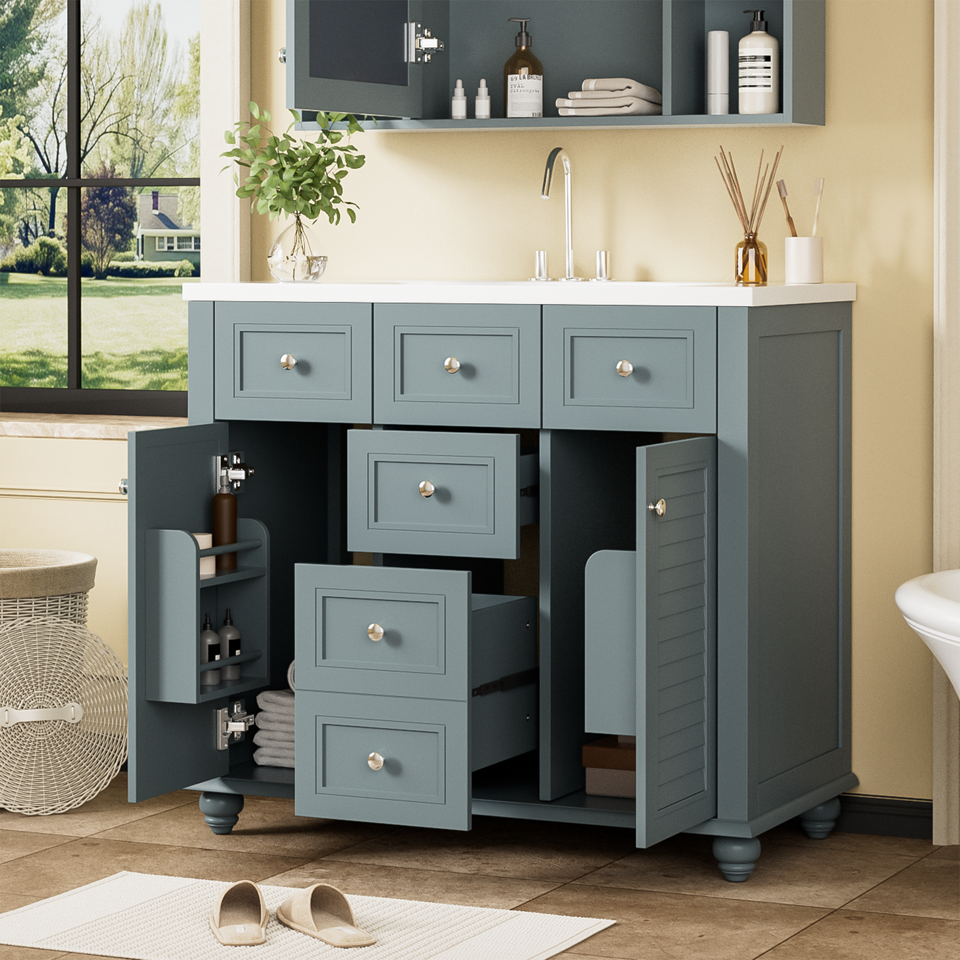 36 "bathroom makeup cabinet with resin sink combination and 2 drawers, with soft closing door, blue color - Korvel
