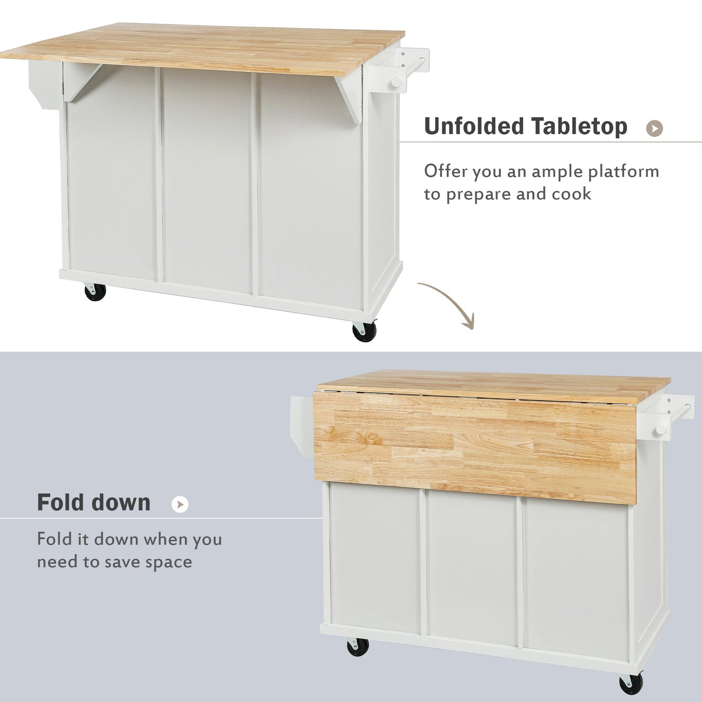 Kitchen trolley with rubber wood leaf countertop, 5-wheel kitchen island, storage cabinet and 3 dining drawers, white - Korvel