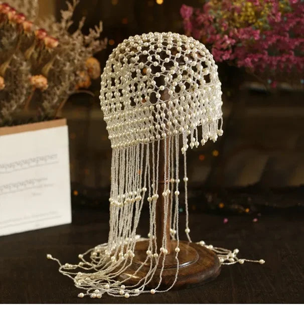 Handmade hollowed out headpiece performance pearl tassel hat - Korvel