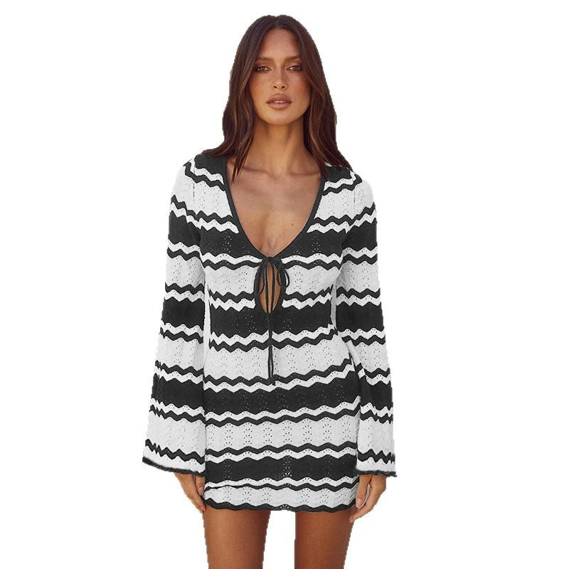 Wavy Striped Tied Front Long Sleeve Cover-Up Dress - Korvel