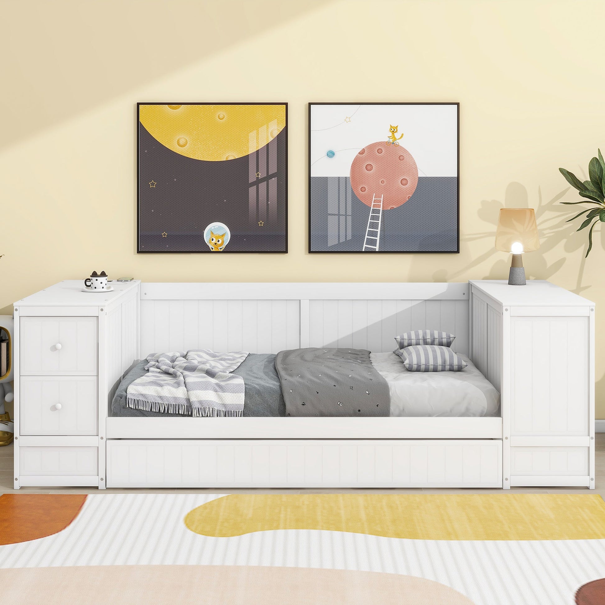 Twin Size Daybed with Storage Arms  Trundle and Charging Station White - Korvel