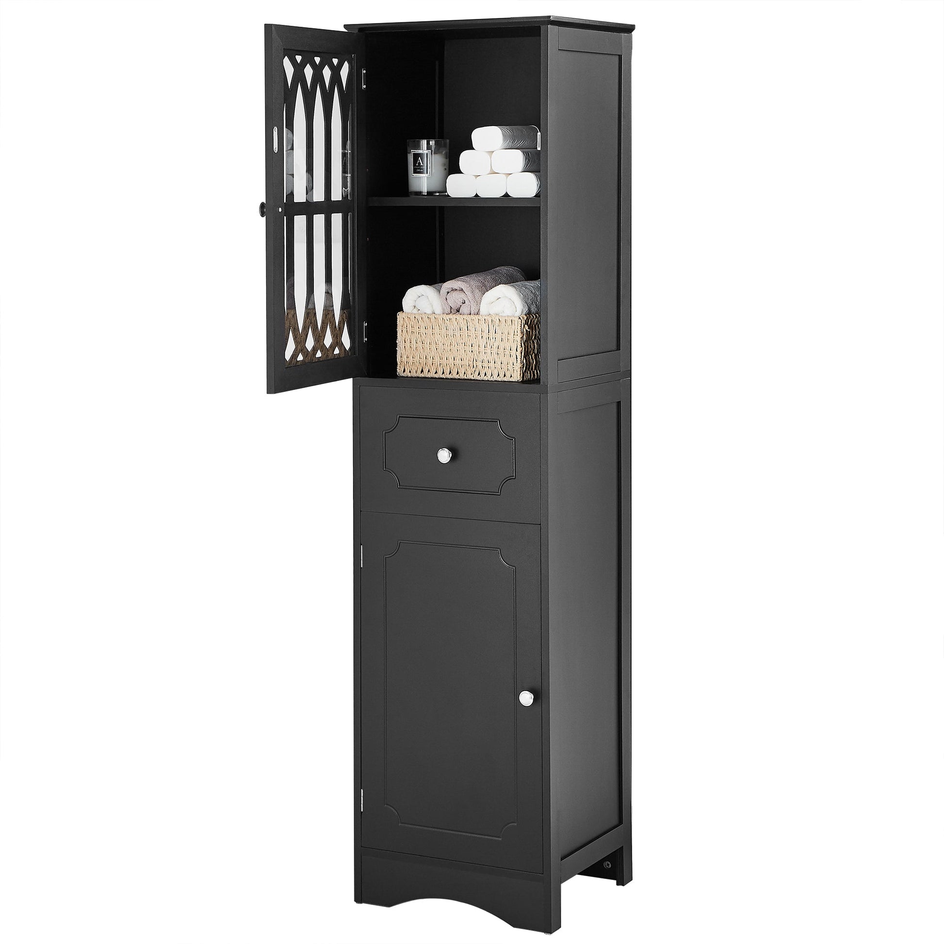 Tall Bathroom Cabinet, Freestanding Storage Cabinet with Drawer and Doors, MDF Board, Acrylic Door, Adjustable Shelf, Black - Korvel