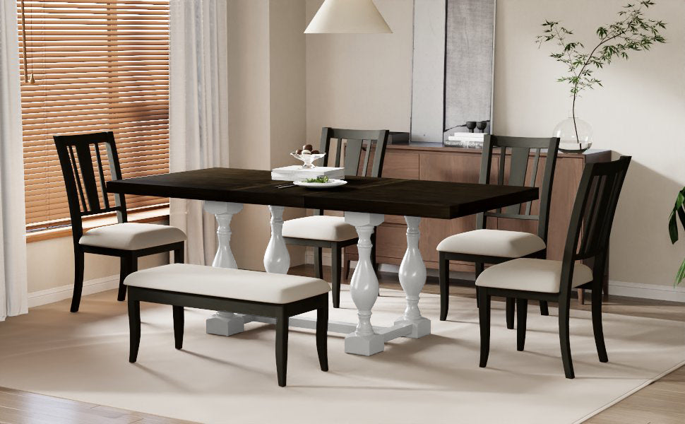 Traditional 6-Piece 78inch Trestle Extendable Dining Table Set with One 18inch Removable Leaf Distressed White - Korvel