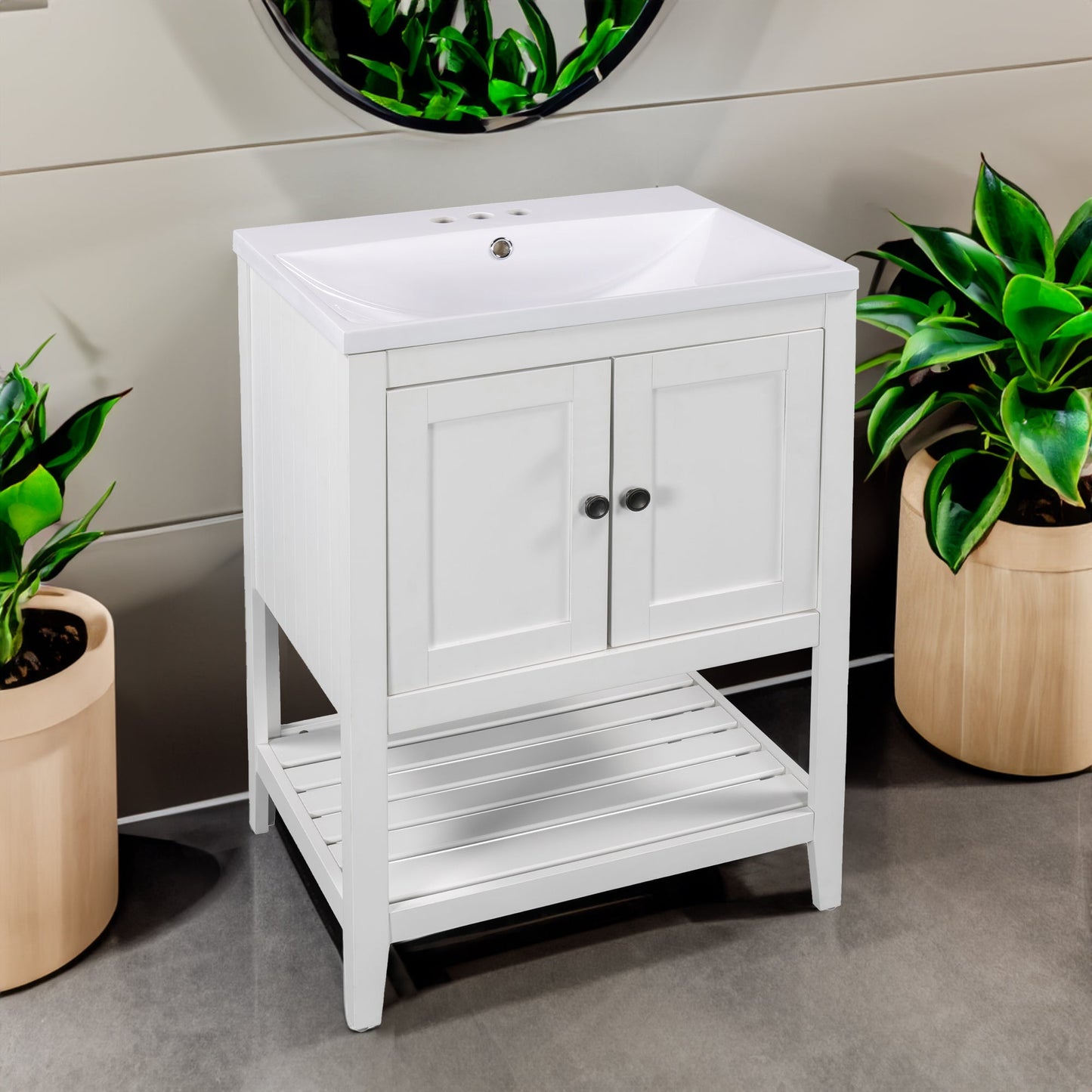 24" White Modern Sleek Bathroom Vanity Elegant Ceramic Sink with Solid Wood Frame Open Style Shelf - Korvel
