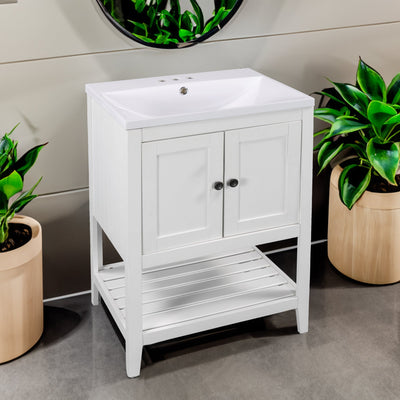 24" White Modern Sleek Bathroom Vanity Elegant Ceramic Sink with Solid Wood Frame Open Style Shelf - Korvel