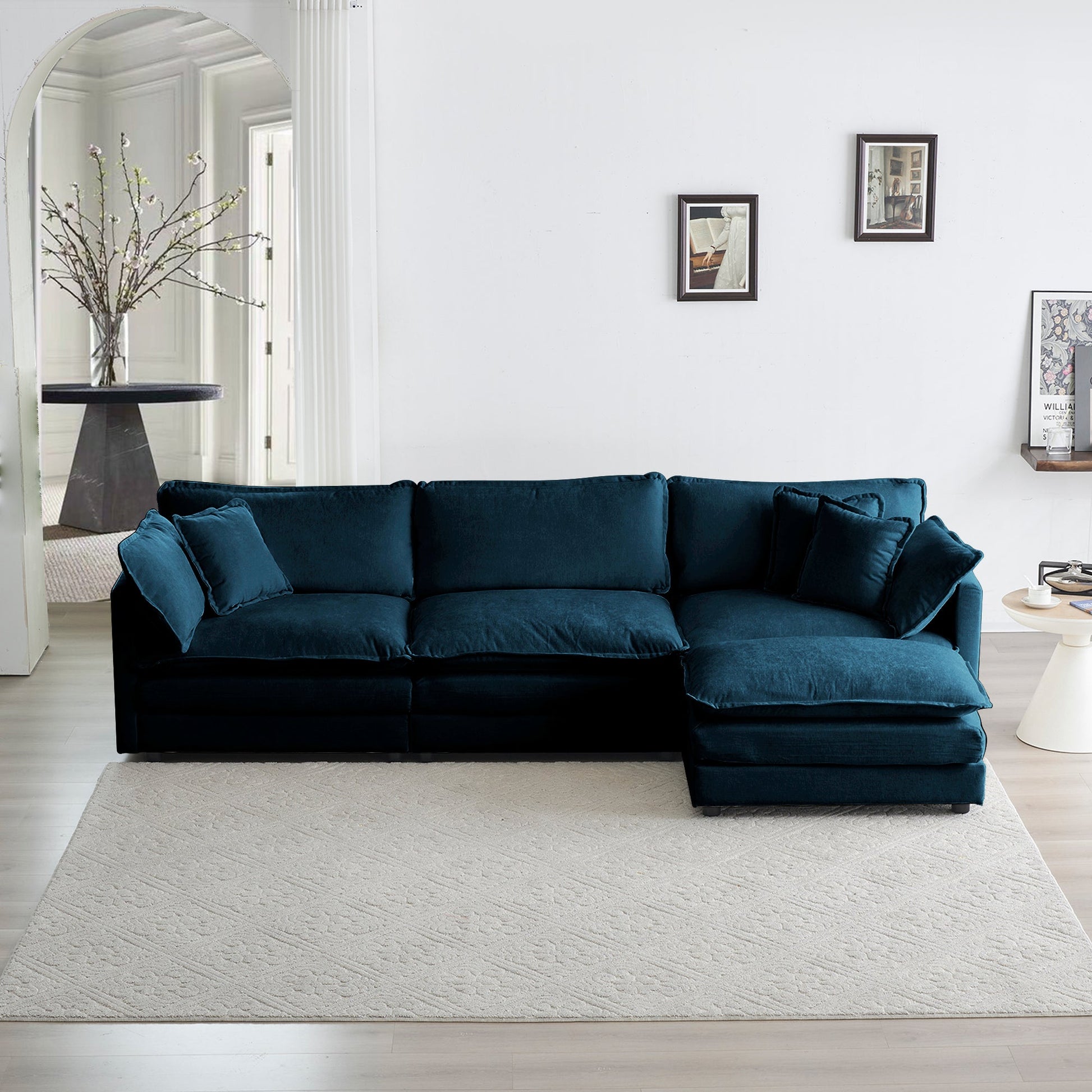 Free Combination Comfy Upholstery Modular Oversized L Shaped Sectional Sofa With Reversible Ottoman, Blue Chenille - Korvel