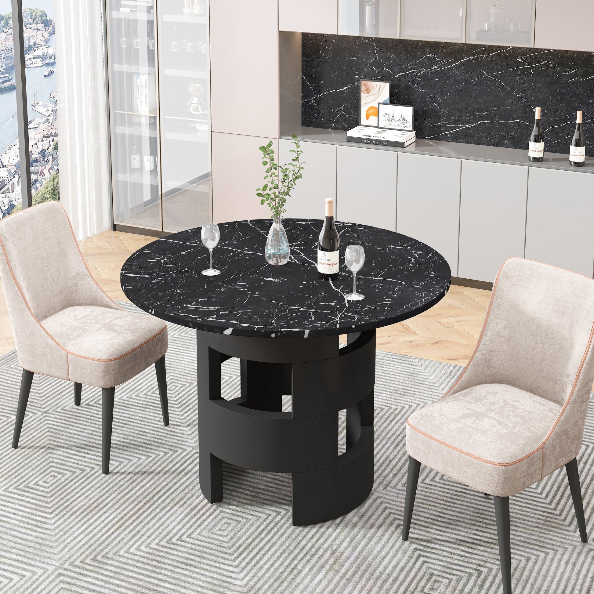 42.12"Modern Round Dining Table with Printed Black Marble Table Top for Dining Room - Korvel