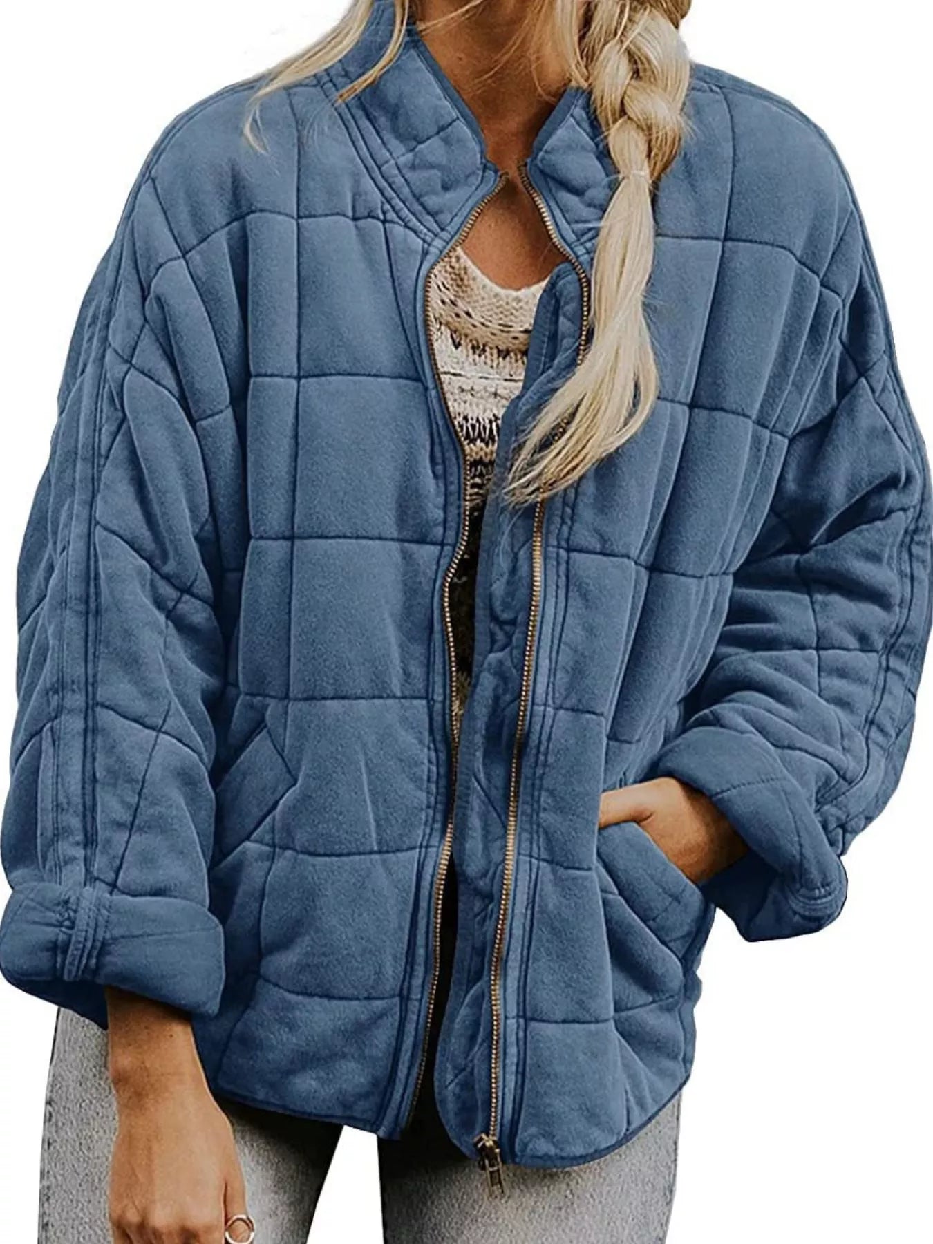 Plus Size Full Zip Quilted Bomber Jacket