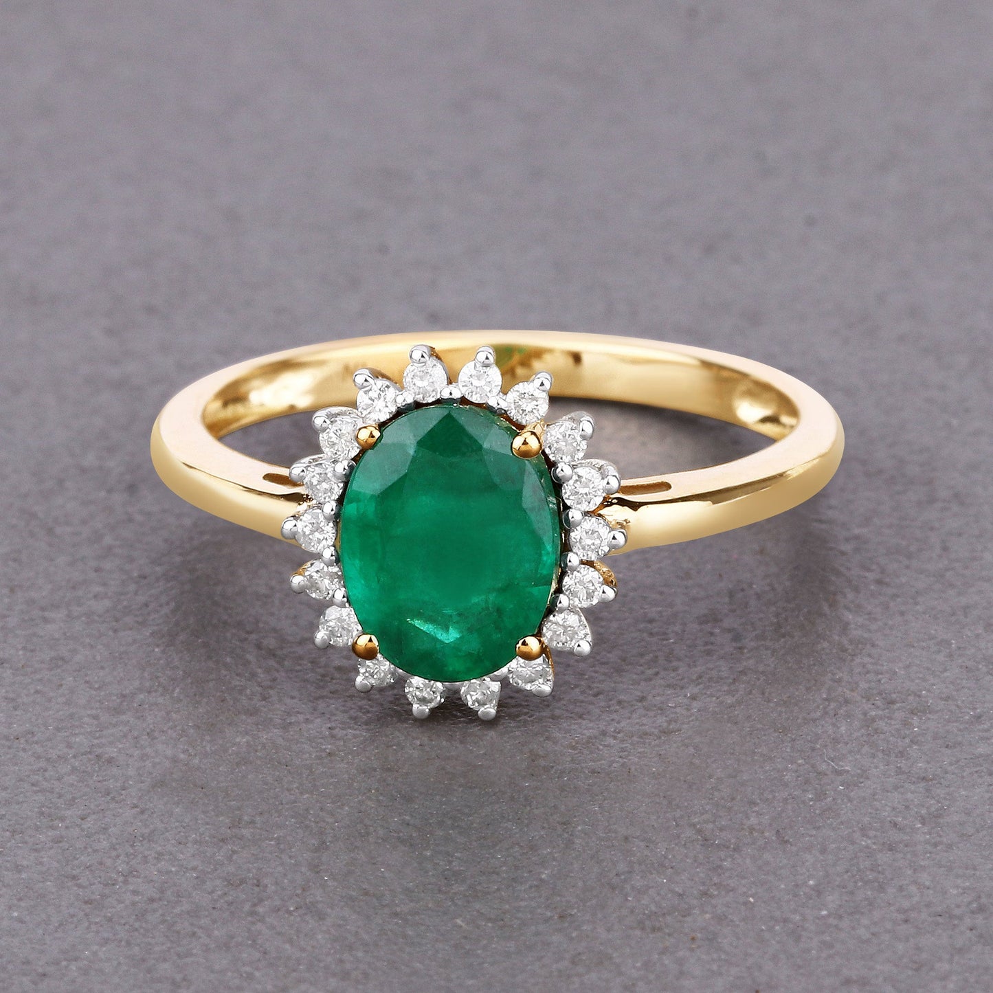 Bague de fiançailles en or jaune 14K avec émeraude zambienne de 1,34 carat et diamants