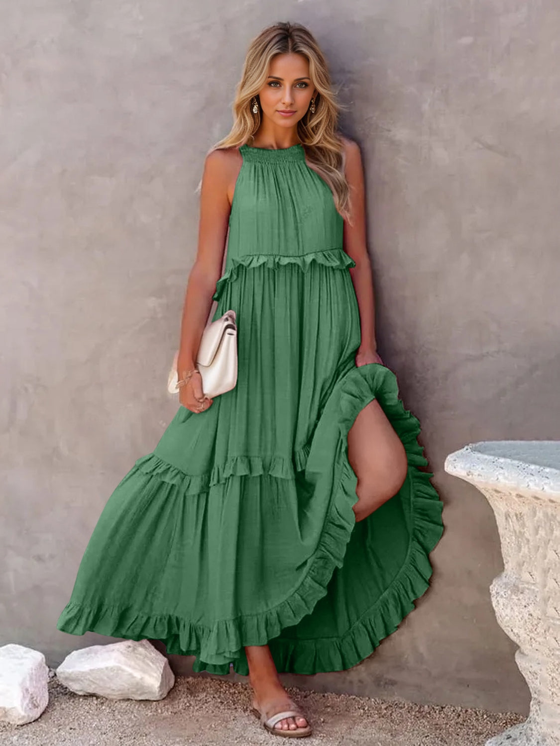 Elegant Ruffled Sleeveless Tiered Maxi Dress with Pockets