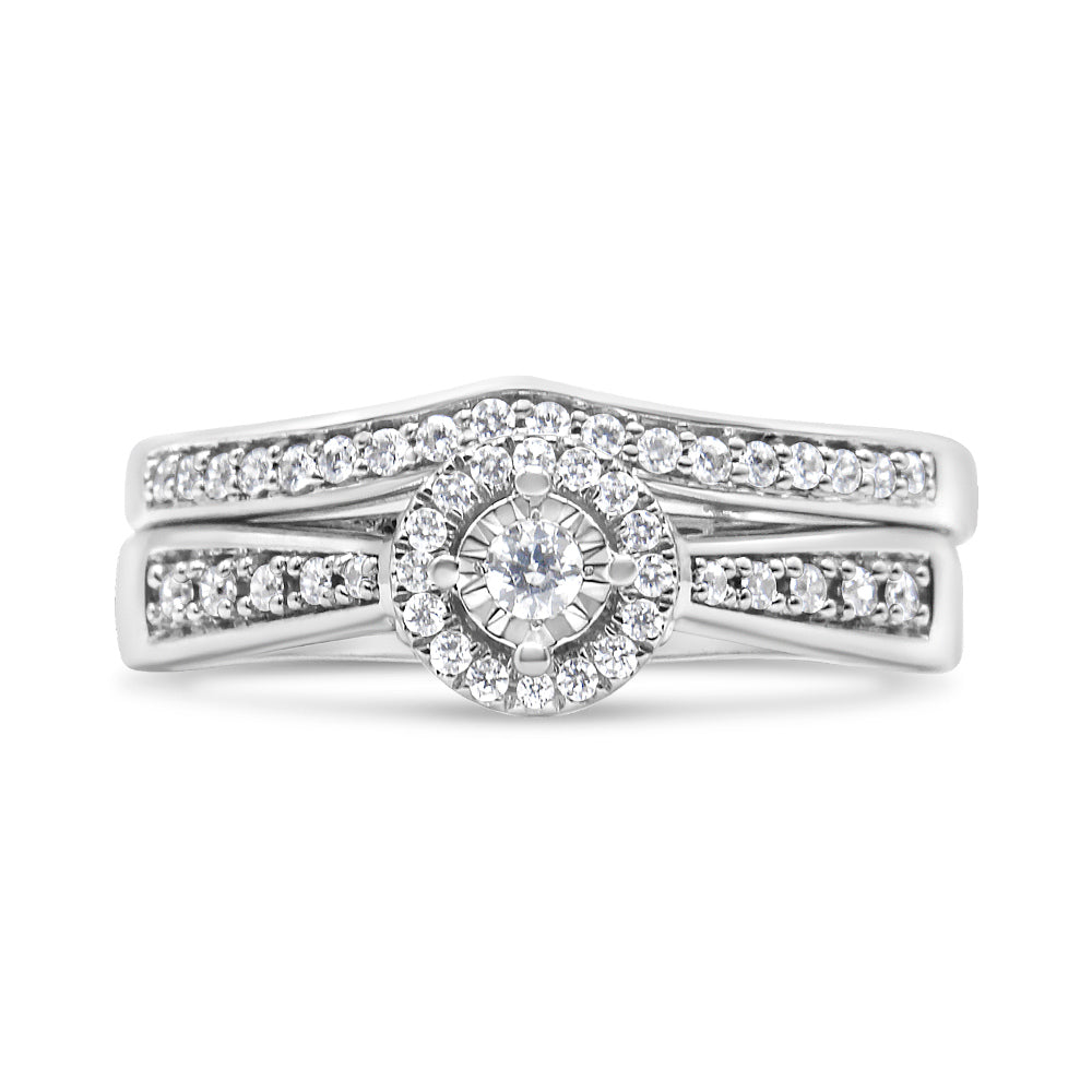 Conjunto de Anillo de Compromiso con Halo de Diamantes de Plata Esterlina .925 - Talla 7