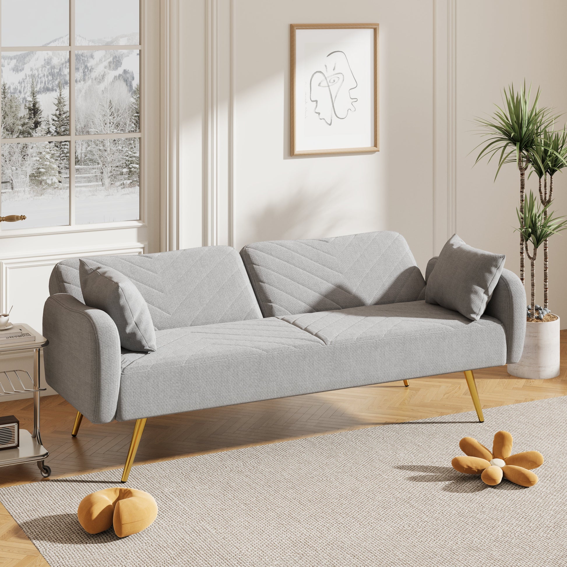 70.47" Gray Fabric Double Sofa with Split Backrest and Two Throw Pillows - Korvel