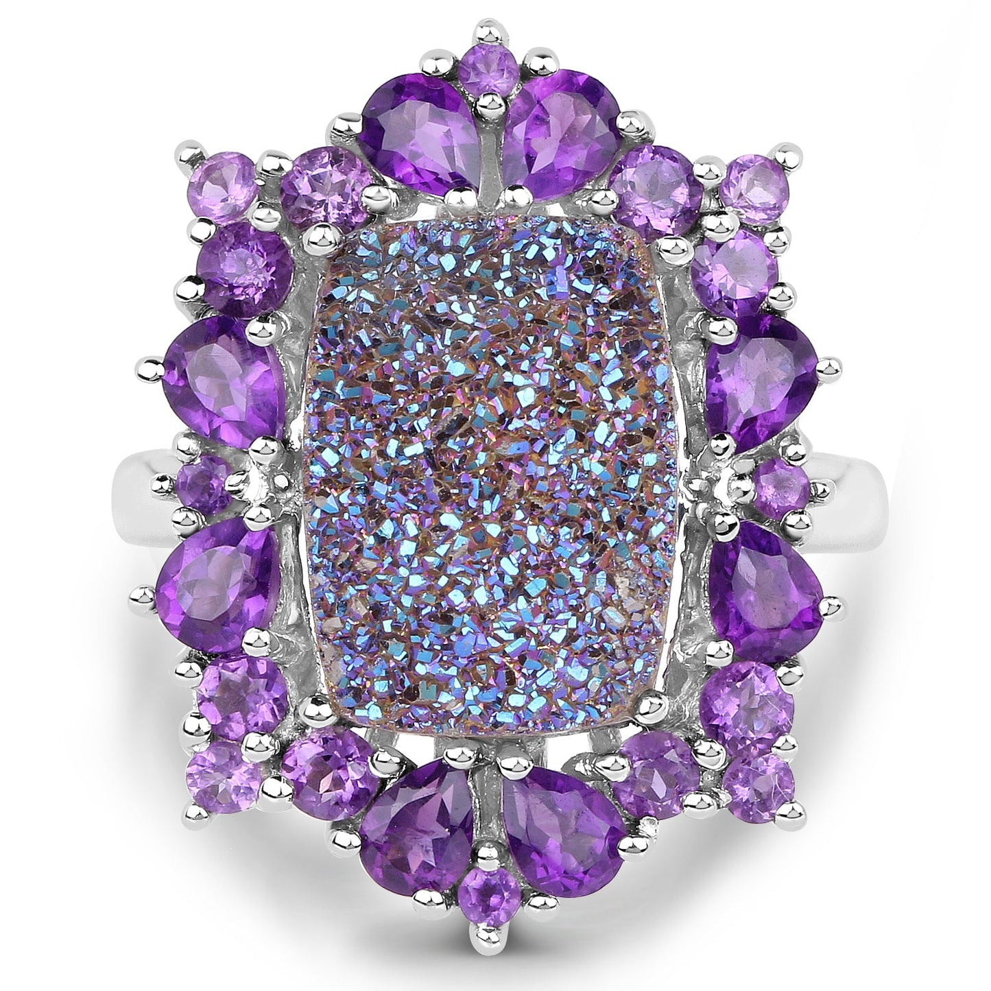 Bague en argent sterling avec quartz drusy et améthystes de 5,97 carats