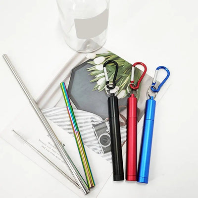 1 Set Reusable Telescopic Straw Set Portable Stainless Steel Easy To Clean Straw With Carry Case - Korvel