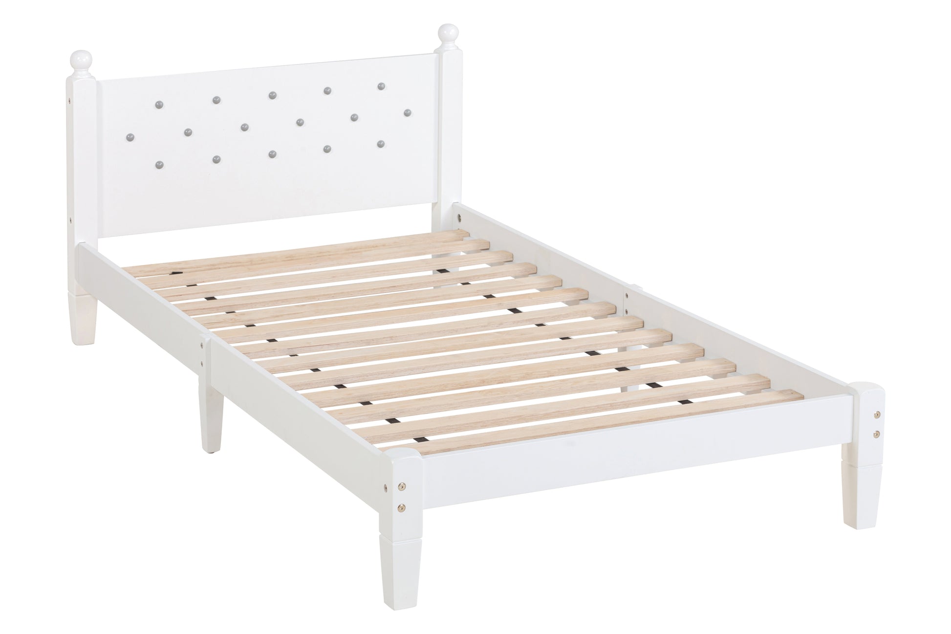 Twin Bed with Button-Decoration Headboard, with Bed Slats,White - Korvel