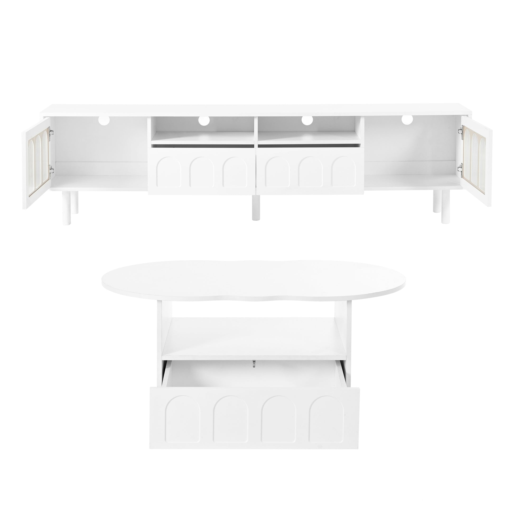 Two sets of ON-TRANS cream style TV stands and coffee tables, suitable for TVs under 80 inches, white - Korvel