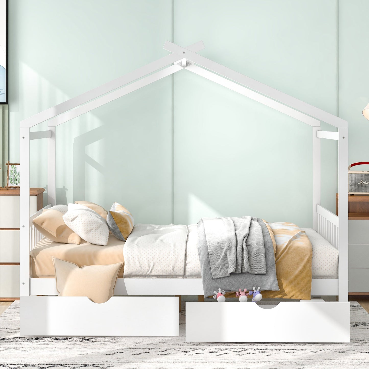 Full Size House Platform Bed with Two Drawers Headboard and Footboard,Roof Design White - Korvel